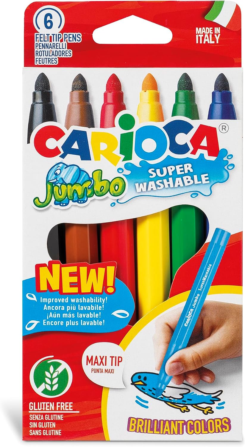 CARIOCA Jumbo Super Washable Markers for Kids – 6 Assorted Colors, 6 mm Maxi Felt Tip Pens, Non-Toxic, Easy Grip for Toddlers, Ideal for Christmas Gifts, Made in Italy