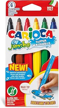 CARIOCA Jumbo Super Washable Markers for Kids 6 Assorted Colors, 6 mm Maxi Felt Tip Pens, Non-Toxic, Easy Grip for Toddlers, Ideal for Christmas Gifts, Made in Italy