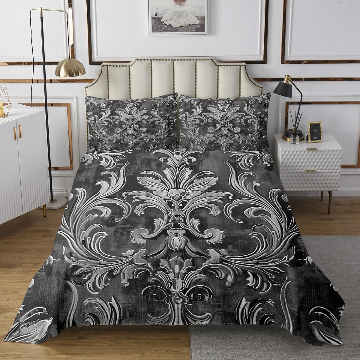 jejeloiu Grey Damask Bedspread Twin Size Kids Antique Victorian Baroque Coverlet Set for Boys Girls Teens Gothic Vintage Floral Quilted Coverlet Breathable Exotic Quilted