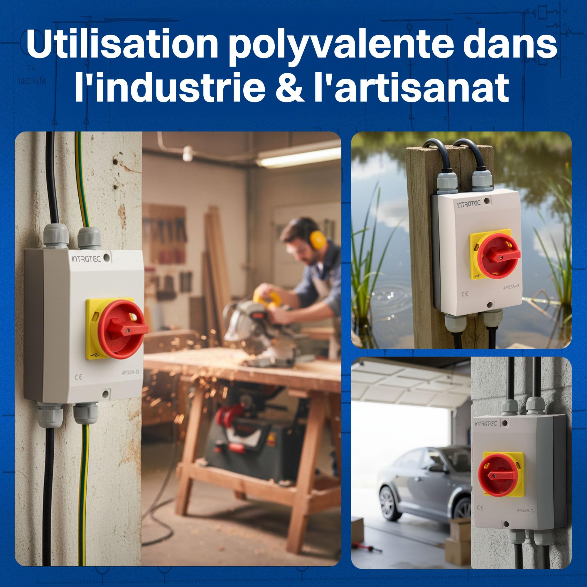 Intratec Interrupteur principal 32 A, 4 pôles – IP65 interrupteur etanche pour une coupure sûre – Arret d'urgence pour l'industrie – interrupteur saillie avec boîtier en plastique 230 V 400 V