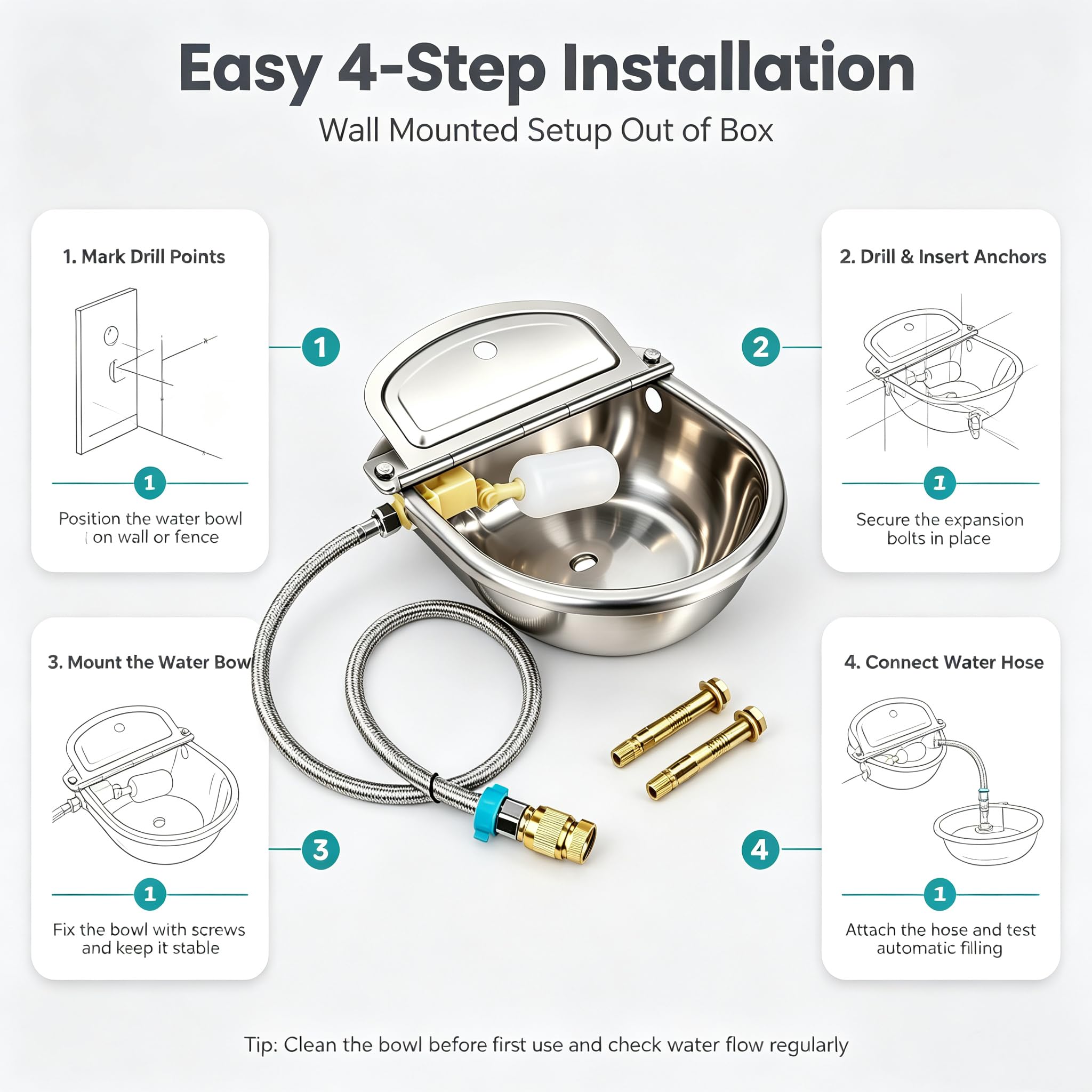 Cuenco automático de agua para ganado de acero inoxidable 304, 9.8 x 9.8 x 3.94 pulgadas, gran capacidad para vacas, caballos, cabras, bebedero flotante automático con cubierta levantable y kit