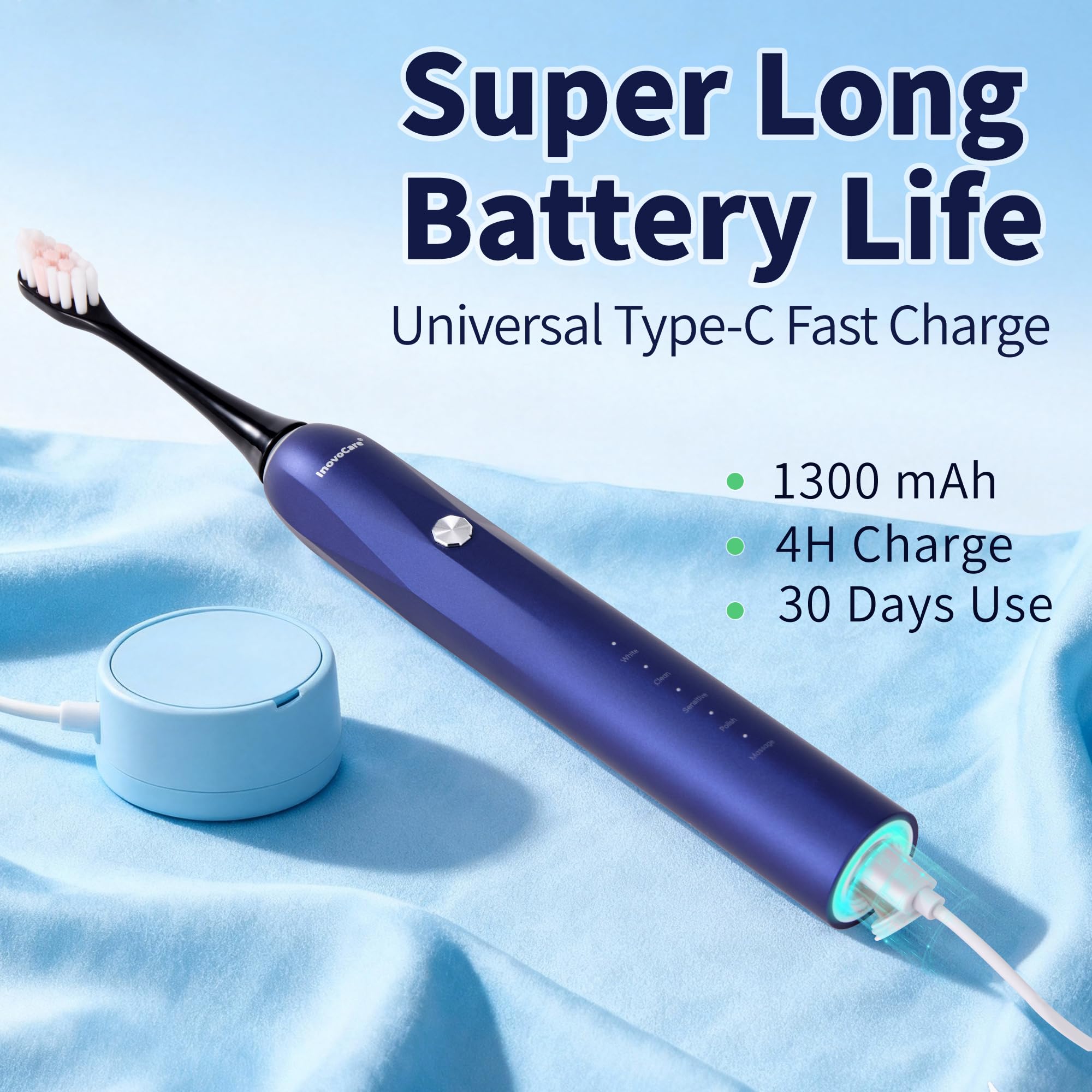 Spazzolino elettrico Sonic per adulti, 5 modalità (sbiancamento/pulito/sensibile/lucidatura/massaggio), impermeabile IPX7, durata della batteria 30 giorni, include 6 testine (blu)