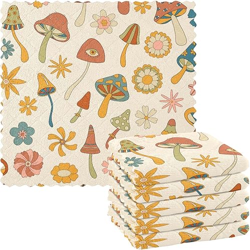 Juego de 6 toallas de microfibra decorativas de calidad con diseño de hongos del bosque, retro, de secado rápido, para mesa de baño