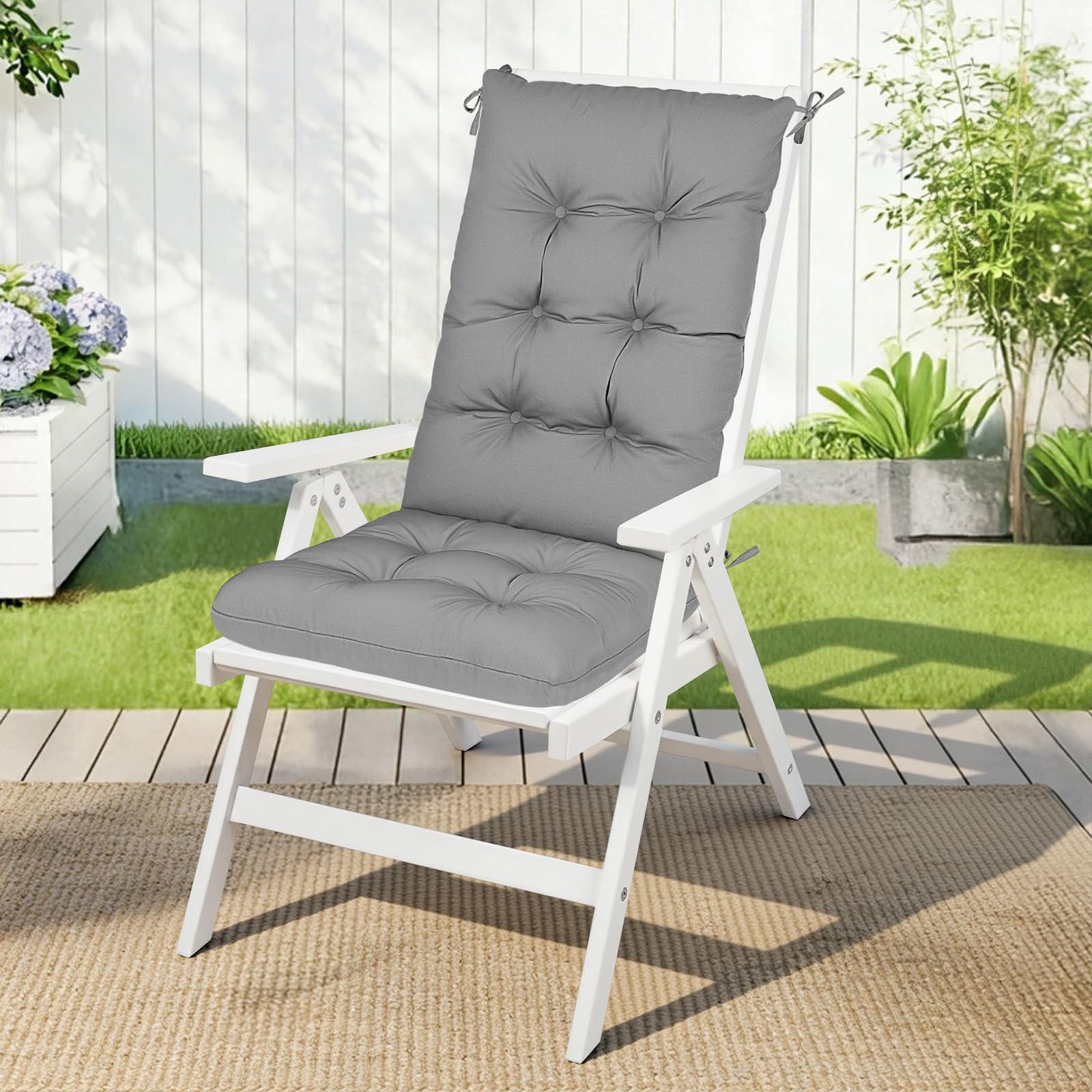 RIMEPATIO Outdoor High Back Chair Cushion 120x45cm, 8cm Thick Tufted Waterproof Rattan Seat Pad with Ties for Garden & Patio Dining Chairs, Loungers, Recliner, Grey — view 2