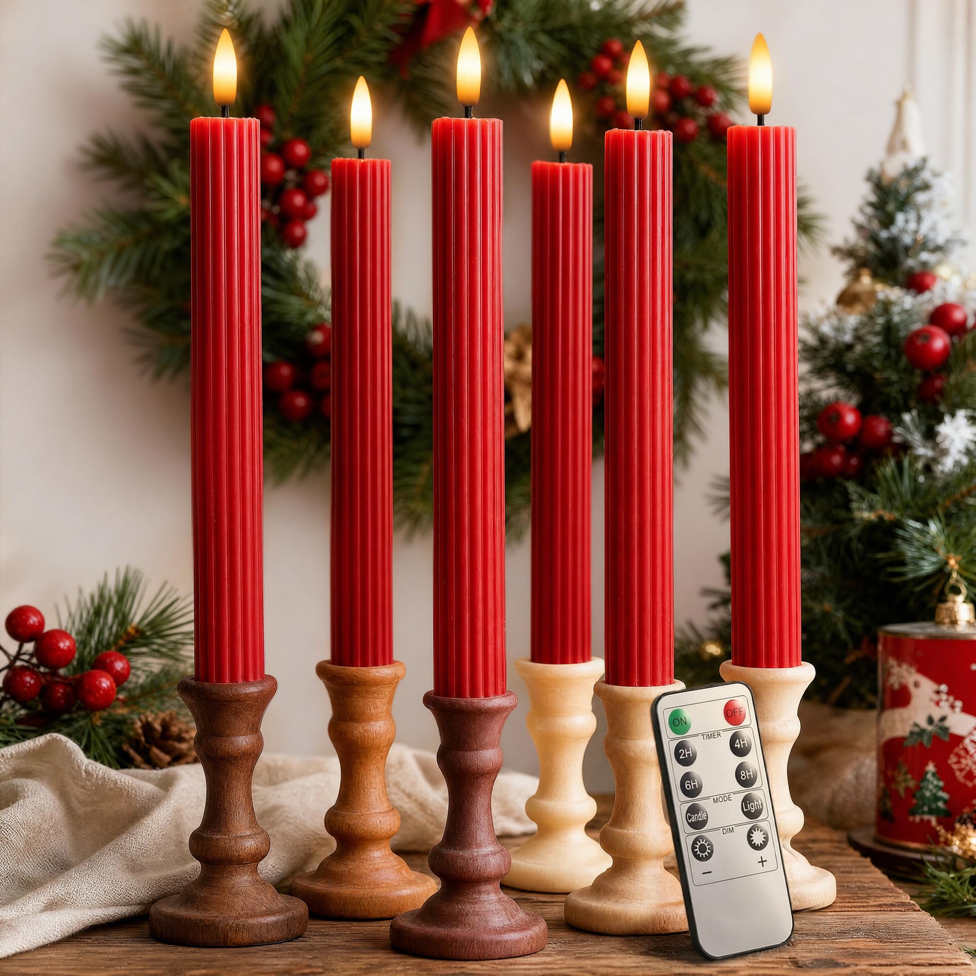 12 Pack, 10" LED Flameless Real Wax Red Fluted Ribbed Grooved Taper Candles, Remote &amp; 24h Timer Memory, On/Off Button, Dimmable, Flicker Mode, Battery Operated, Wedding