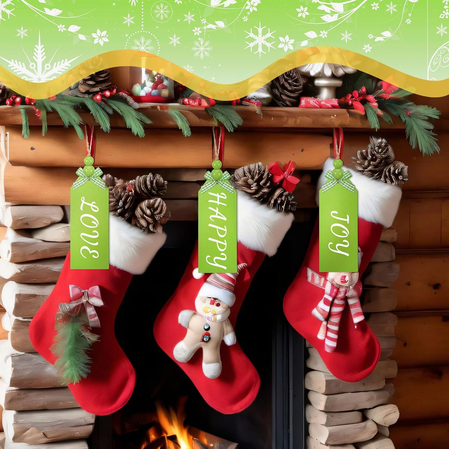 Chunful 12 Pcs Christmas Stocking Name Tags, Green Wooden Beads Bows image 5