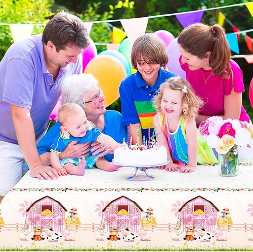 Miniatura 6 de PHOGARY Mantel para fiesta de cumpleaños de animales de granja, funda de plástico desechable, suministros para fiesta de cumpleaños de granja rosa,