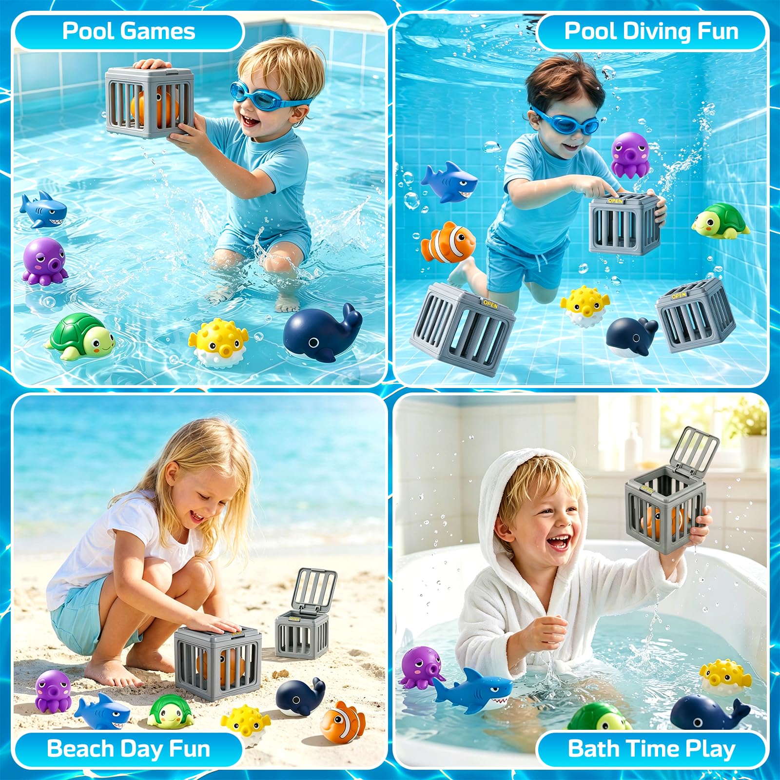 Kinder-Pool-Tauchspielzeug, Unterwasser-Tauch-Rettungsspielzeug mit 6 Ozeantieren und gewichteten Käfigen, interaktives Schwimmbad-Tauchspielzeug für Training, lustiger Sommer, Outdoor, Strand