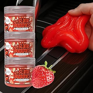 Slime Buddies Car Cleaning Gel Putty - 3 Pack Strawberry Scent Interior Detailing Tool for Cup Holder, Air Vent & Keyboard - Reusable Auto Detailing Accessory - Dust Remover Goop - Gift for Men Women
