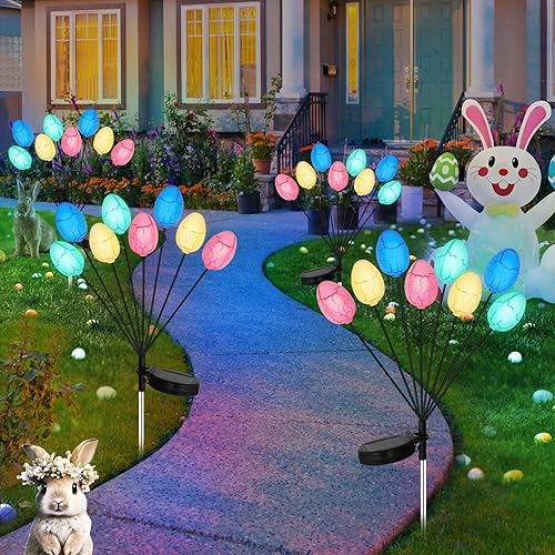 4 Pack Solar Easter Egg Lights, Colorful Garden Swaying Firefly Lights Outdoor Easter Lights Waterproof Solar Stake Lights for Lawn Pathway Landscape Yard Porch Patio Decor