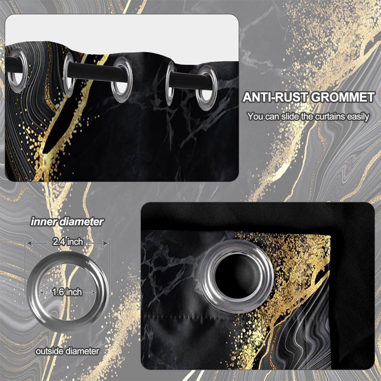 Rideaux Occultants en Marbre Noir et Or Texture de Texture de marbre de Luxe Chambre décorative avec œillets 2 Panneaux Isolation Thermique Protection de la Vie privée 117x229 cm