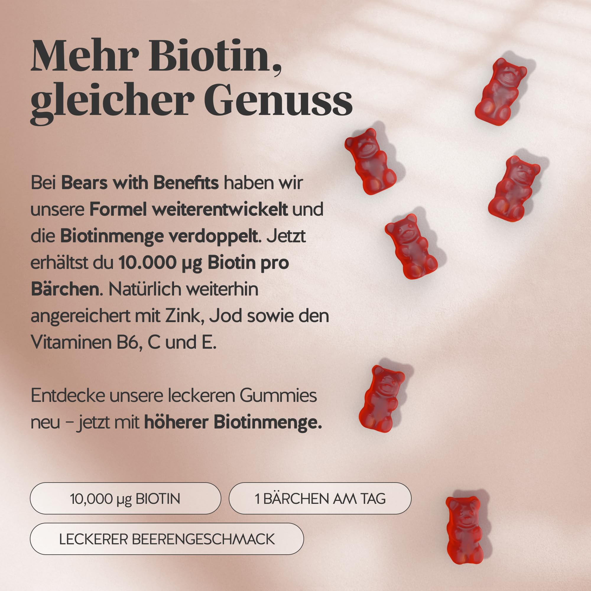 Bears with Benefits - Gummibärchen Biotin 10.000µg - Für Haare - 90 Stück | Ah-Mazing Hair - Biotin mit Zink, Vitamin B6, C & E sowie Jod - Vorrat für 3 Monate - Vegan