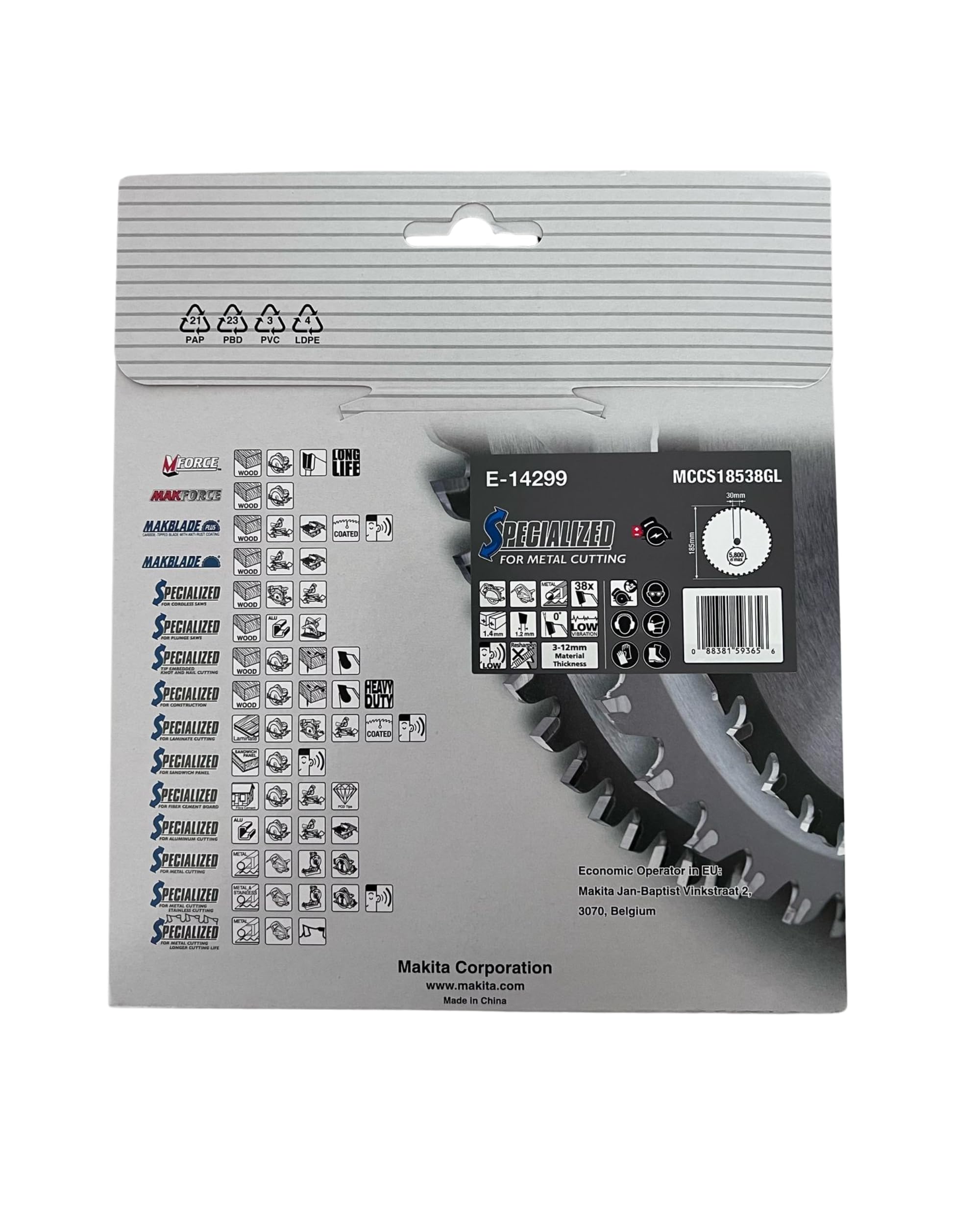 Hoja de sierra circular Makita E-14299 185 x 30 mm, 38T TCT 38T Metal