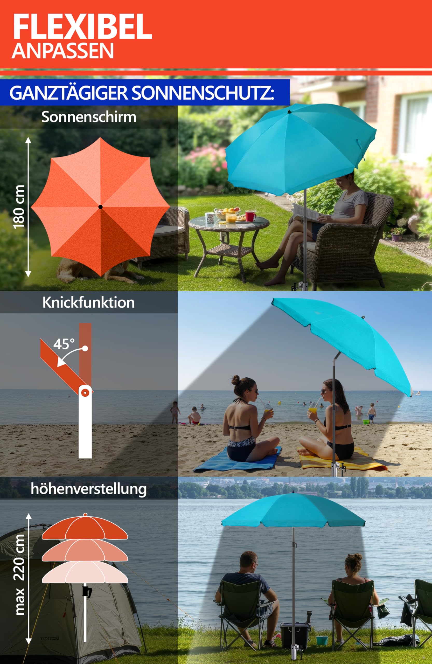 4smile Sonnenschirm Strand Set 3-in-1, Ø 180 cm Strandschirm Windfest Stabil mit Schirmhülle & Eindrehbodenhülse, Sonnenschirm mit Bodendübel, Sonnenschutz Strand, UV Schutz 50+, Fb. Türkis