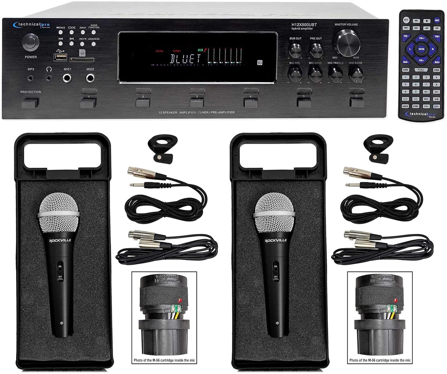 Technical Pro 6000 Watt Bluetooth Karaoke Amplifier Receiver w/USB, SD+(2) Mics