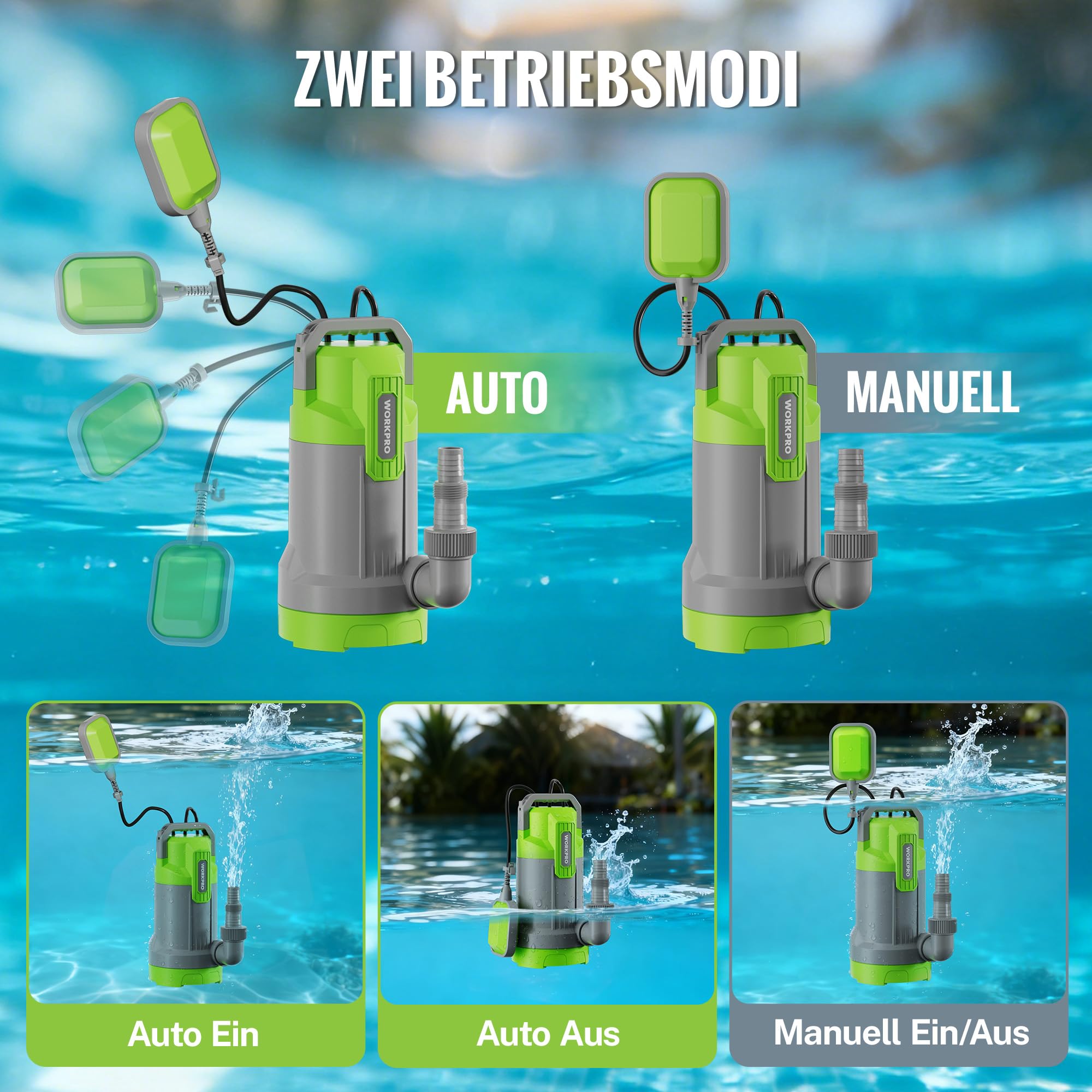 WORKPRO Schmutzwasserpumpe, 700W Tauchpumpe mit Fördermenge 17.000 l/h, Wasserpumpe mit Schwimmerschalter, Max. Förderhöhe 10 m, Max. Eintauchtiefe 7 m, Fremdkörper bis 30 mm, Auto und Manuell-Modus
