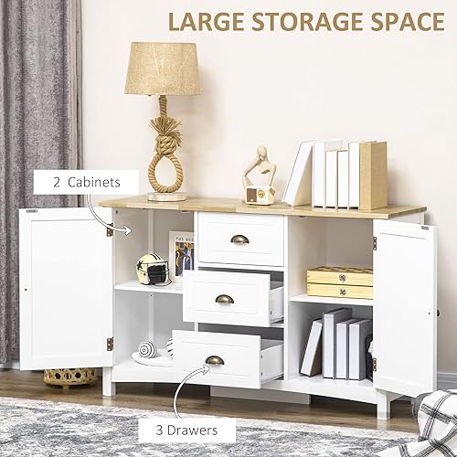 Miniatura 4 de HOMCOM Gabinete de buffet con 3 cajones de almacenamiento y estantes ajustables aparador de 2 puertas con parte superior de madera de goma barra de