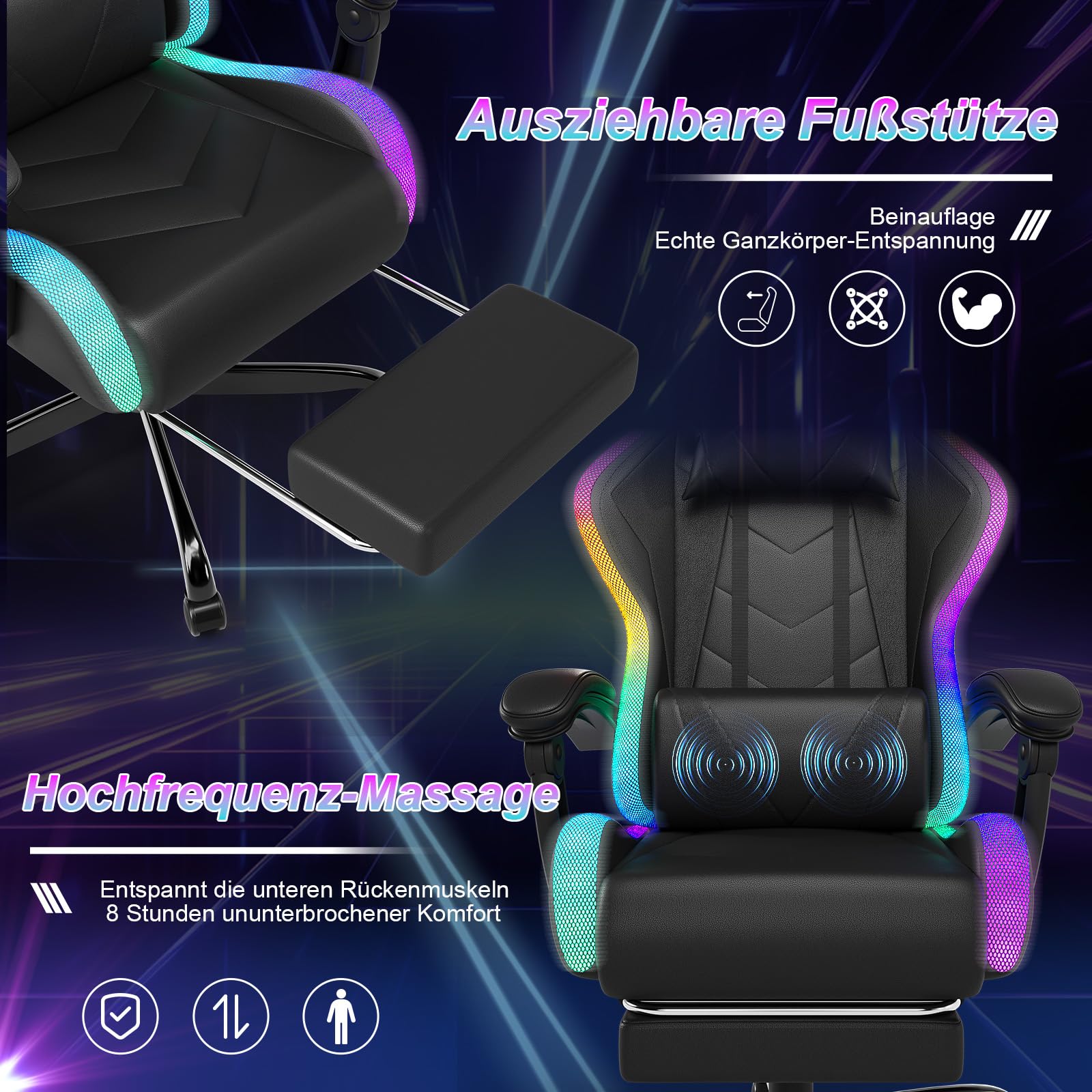 Devoko LED Gaming Stuhl – Ergonomischer Bürostuhl mit Massagefunktion & Teleskop-Fußstütze, Verstellbare Rückenlehne (90-135°), für Gamer bis 150 kg, Augenschonendes Design, Schwarz