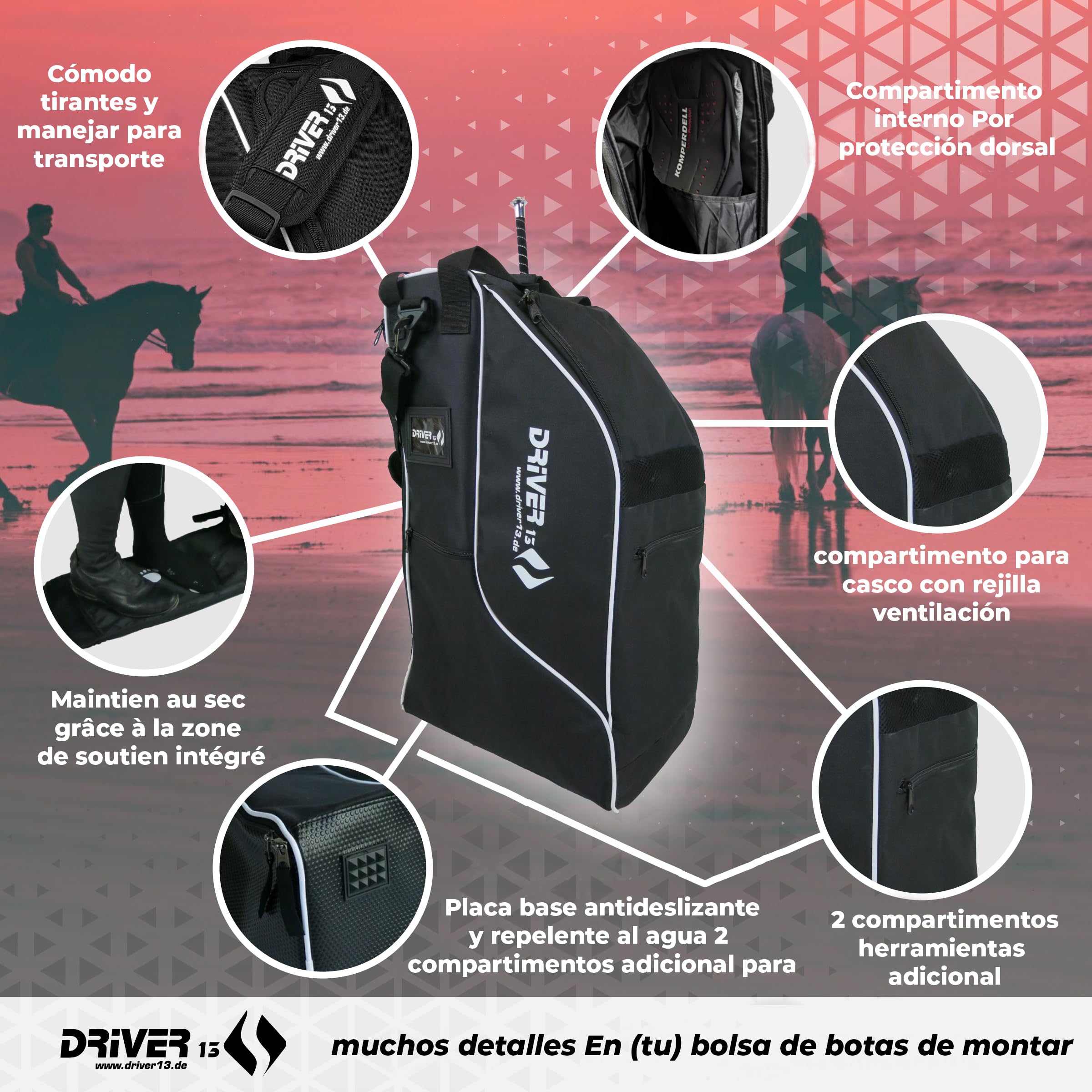 Driver13 Bolsa para Botas de equitación o Mochila para Botas de equitación Deluxe con Compartimento para Casco para Botas de equitación (Bolsa para Botas de equitación Negra)