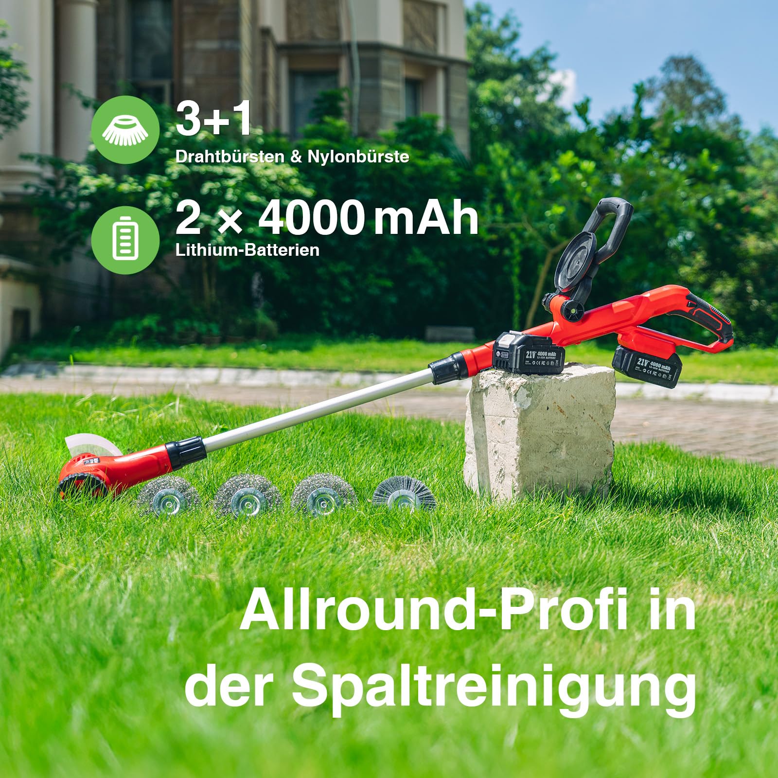 Akku Fugenreiniger 21V Unkrautbürste Elektrisch- Pflasterreiniger mit 2x 4.0Ah Akku, 120 Min. Laufzeit, Teleskopstiel 128cm für Terrasse & Gehweg, inkl. 3 Stahldraht- & 1 Nylonbürste, Fugenkratzer Set