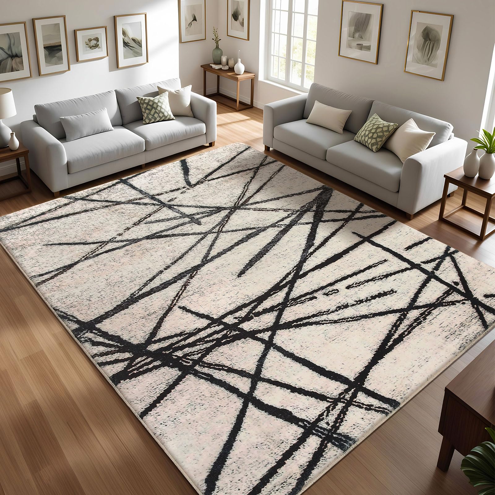 Tapis de chambre antidérapant et doux motif géométrique abstrait beige
