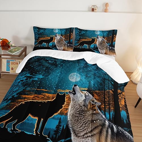 Miniatura 5 de HOSIMA Edredón de lobo salvaje, ropa de cama con estampado de animales del bosque con 2 fundas de almohada, juego de ropa de cama de lobo, árbol y