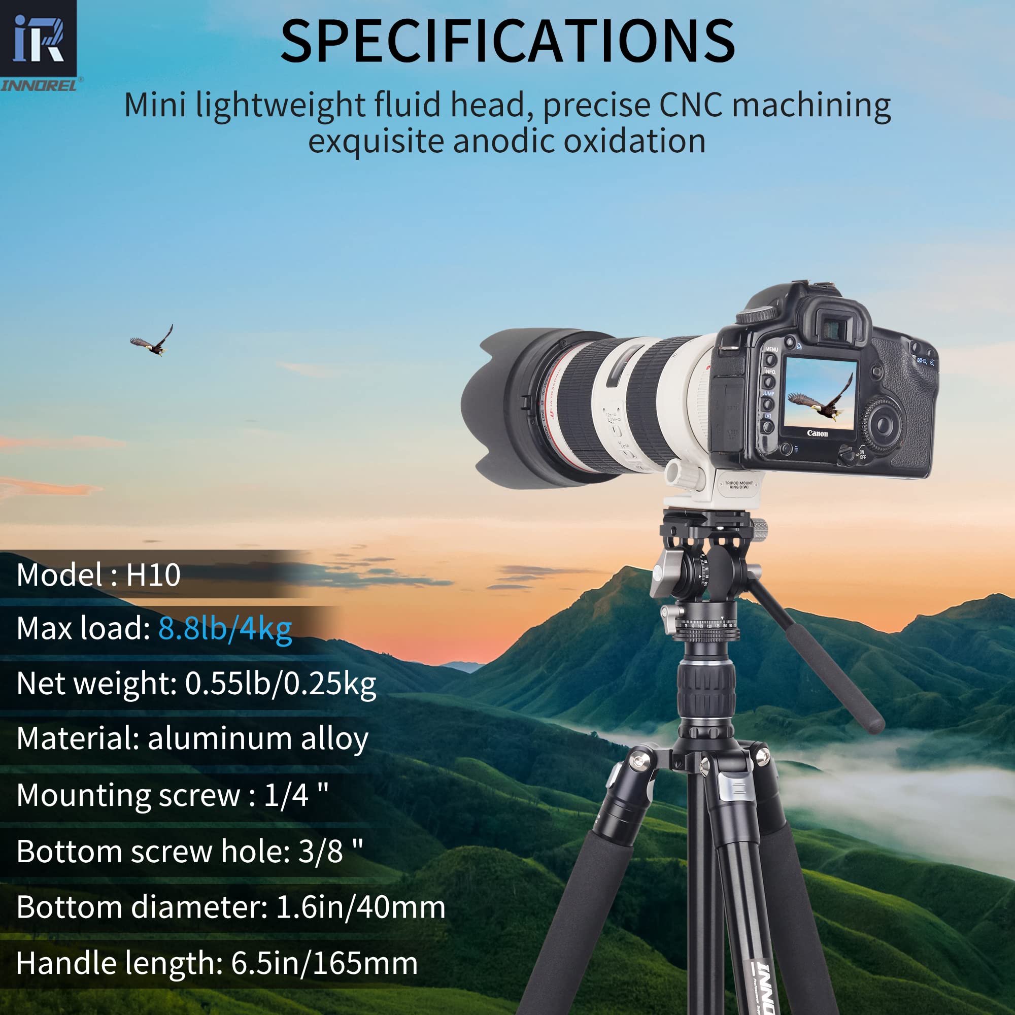 INNOREL H10 Leichter Mini-Stativ, Flüssigkeits-Videokopf, 360 Grad Panorama, CNC, hydralische Dämpfung, Videokopf mit Arca Swiss Q.R.Plate Telefon-Clip für DSLR-Kamera, Camcorder, Telefon, Stativ