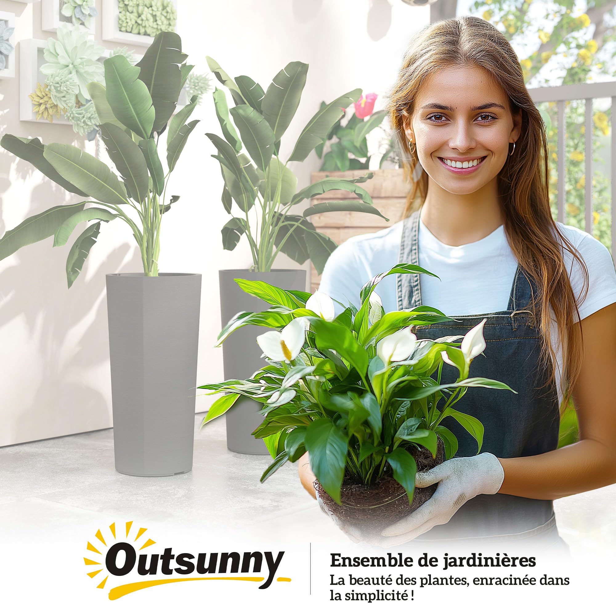 Outsunny Zestaw 2 doniczek na rośliny do układania w stosy, wysokość 60 cm, z tworzywa sztucznego, z wewnętrznym pojemnikiem i otworami drenażowymi, do ogrodu, patio lub wejścia, ciemnoszara