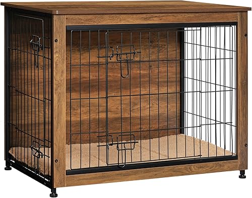 Vista 49 de DWANTON Mueble de jaula para perros con cojín, caja de madera para perros con puertas dobles, muebles para perros, perrera de interior, mesa Negro
