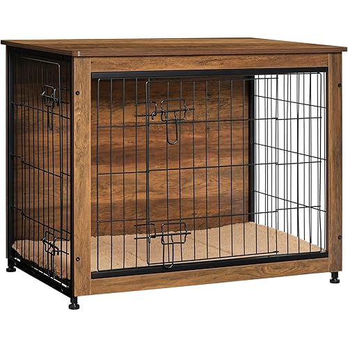 DWANTON Dog Crate Furniture with Cushion, Wooden Dog Crate with Double Doors, Dog Furniture, Indoor Dog Kennel，End Table, Medium, 32.5" L, Warm Brown