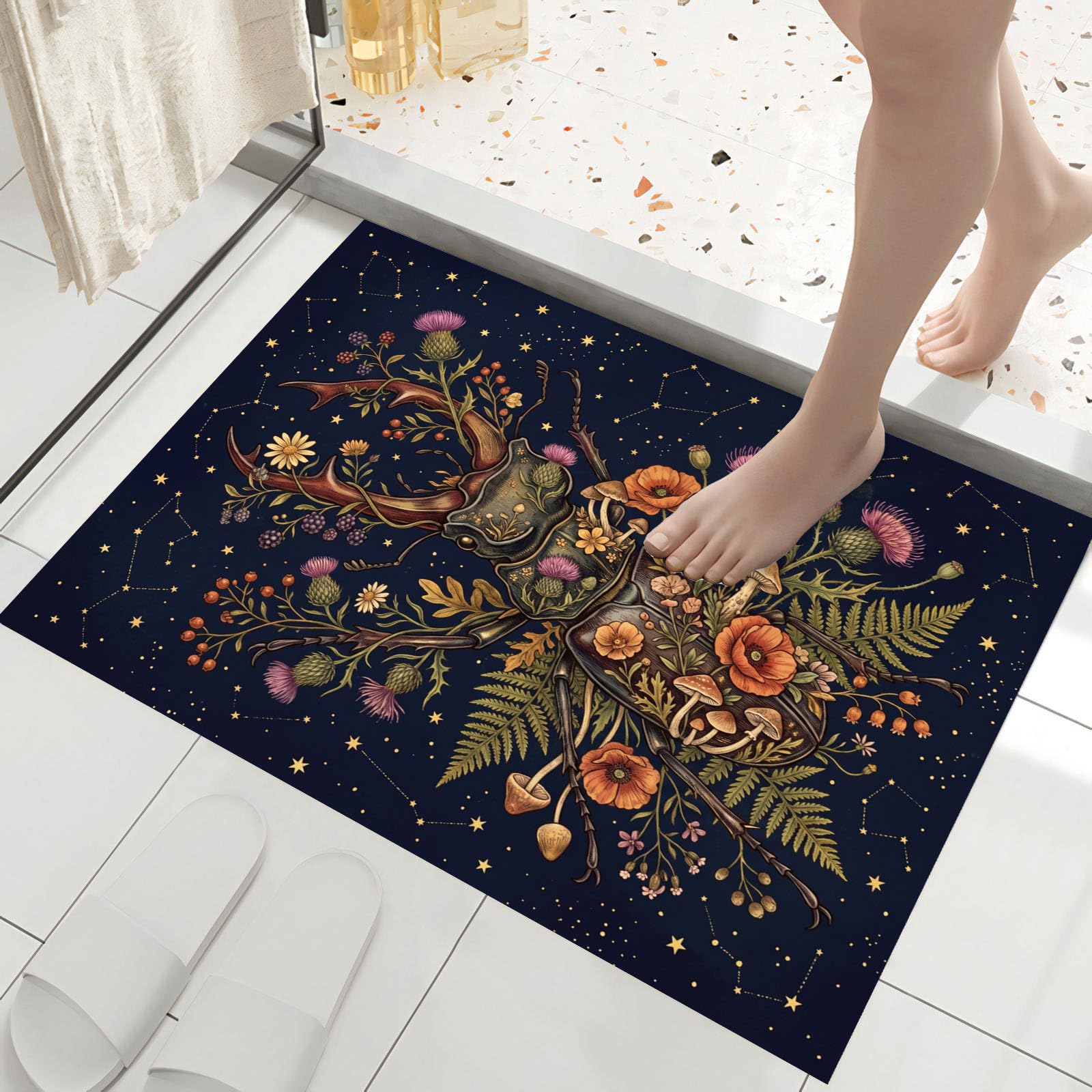 Dunkles Retro-Blumenmuster Waschbare Fußmatte Teppich 80 x 120 cm | Käfer Distel Pilz Teppich, Kurzflor Weich Klein Carpet mit Rutschfester Rückseite für Wohnzimmer Schlafzimmer Eingang