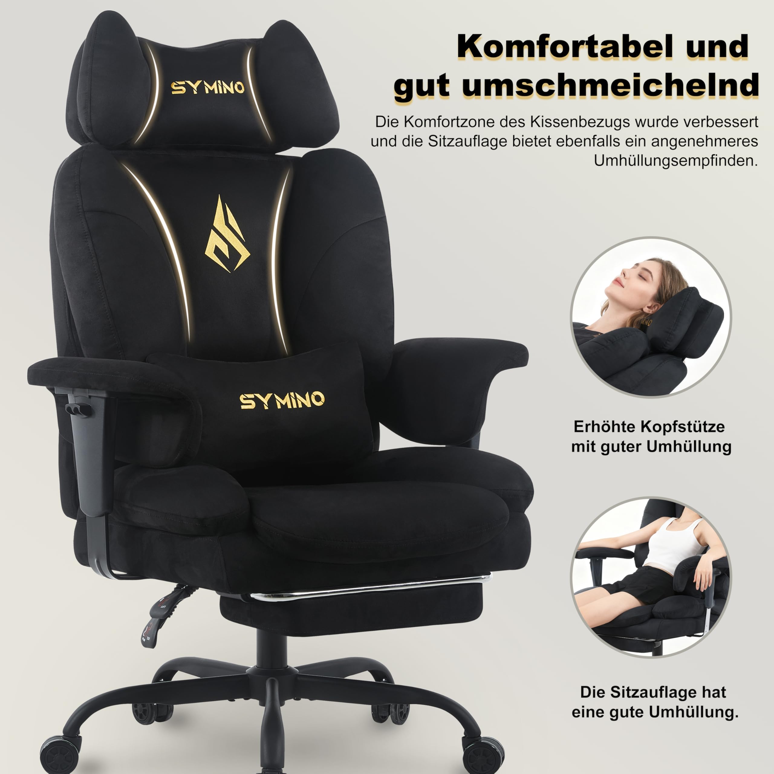 Symino Sofa-ähnliches Gaming Stuhl mit Umhüllendes Sitzerlebnis, Ergonomisch Chefsessel Bürostuhl, Wildlederimitat Schreibtischstuhl Höhenverstellbarer Office Chair Computerstuhl 130kg, Schwarz