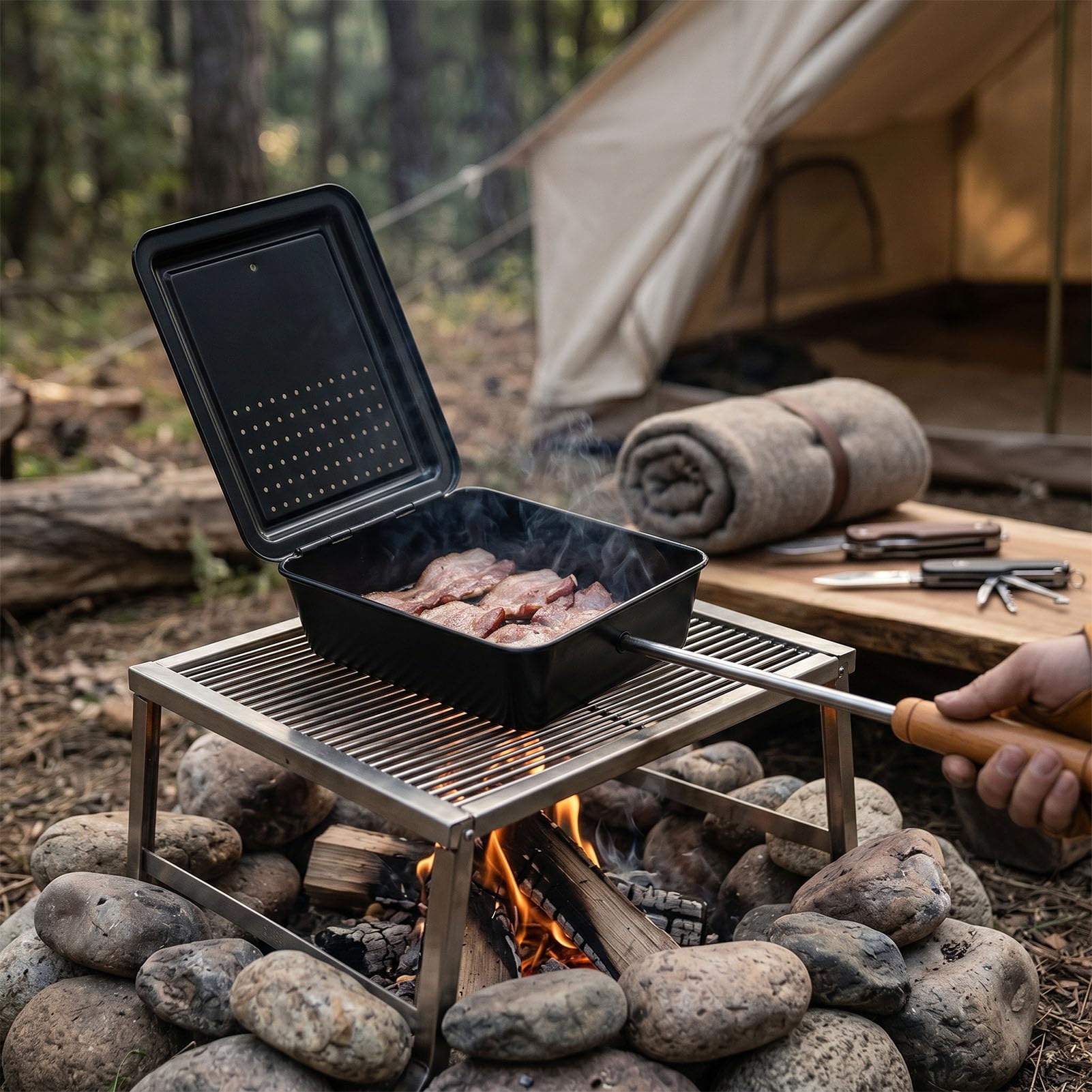 Camping Popcorn Popper Antiadhésif Manche en Bois Foyer Batterie de
