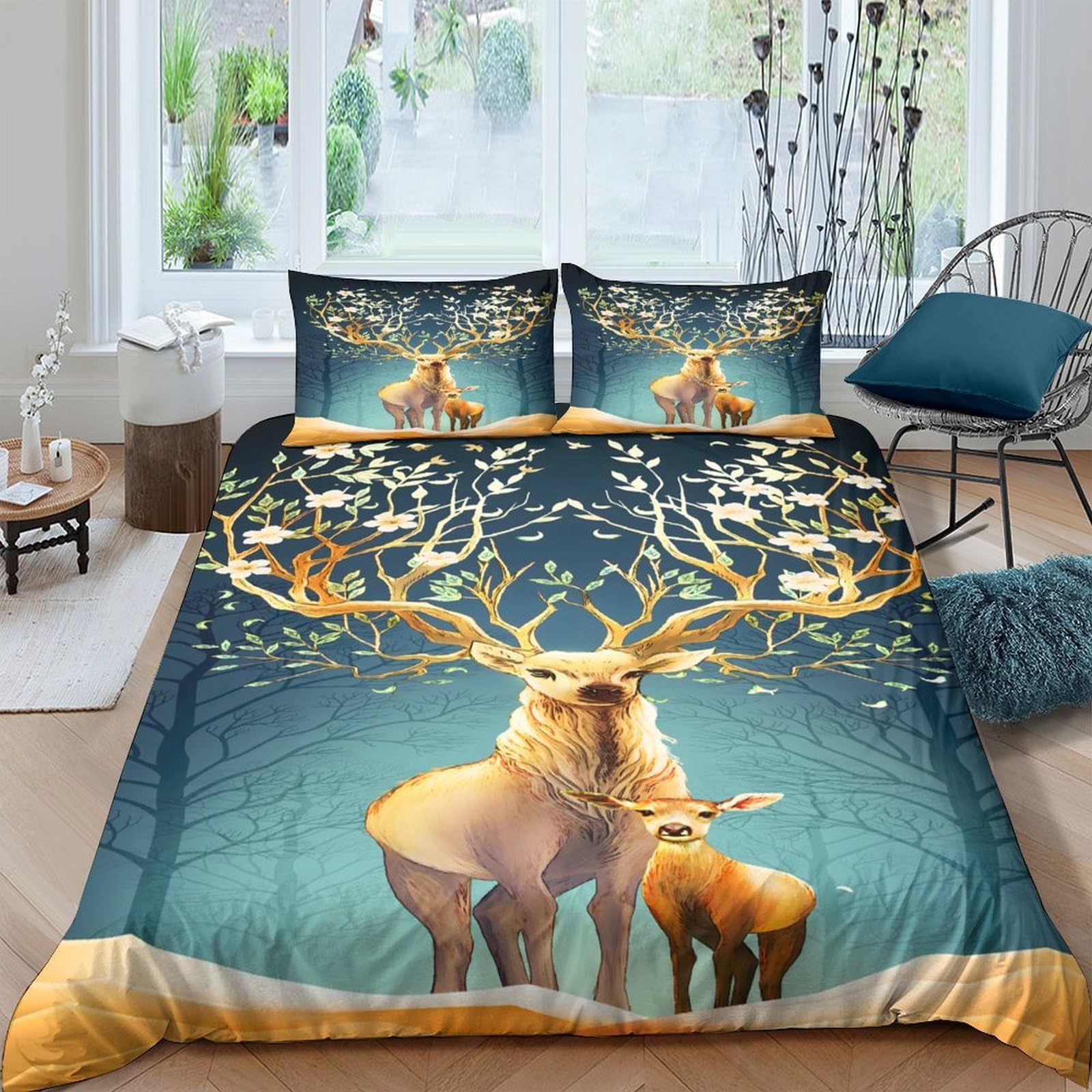 Ctjqhvkz Style-9 3D Printed Golden Deer Forest Fitted Sheet Microfiber Soft Mattress Cover For Bedroom Guest Room Decor Single（135X200cm）