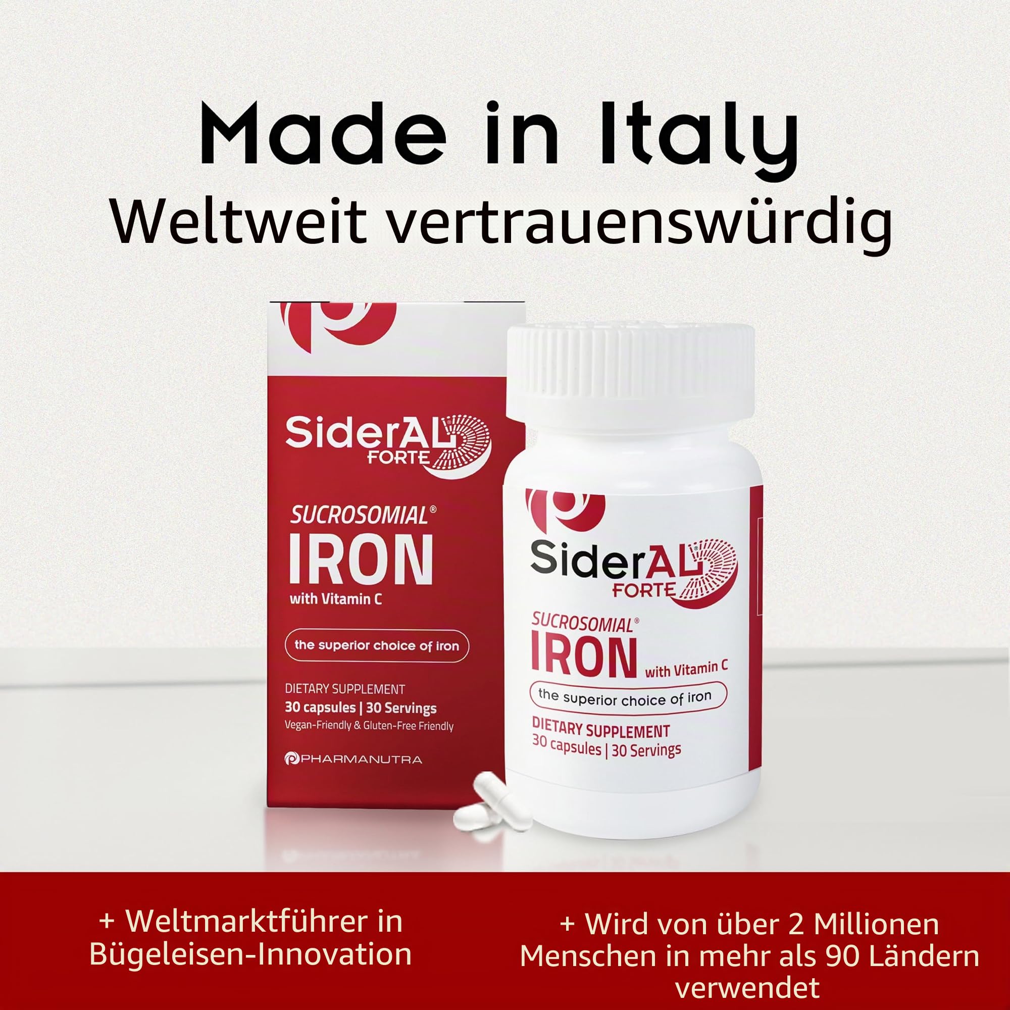 SiderAL Forte Nahrungsergänzungsmittel auf Basis von Sucrosomiale Eisen (30 mg), metallischer Geschmack, hohe Verträglichkeit, hohe Absorption, kein Gluten, keine Laktose, 3 Packungen x 20 Kapseln