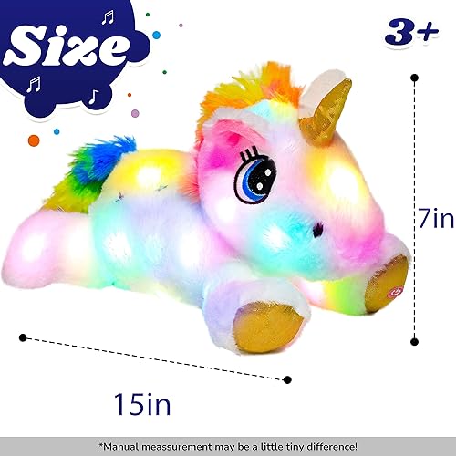 Vista 3 de Cuteoy Peluche de unicornio blanco con luces LED, regalo de cumpleaños y Navidad, juguete para niños pequeños, 15 pulgadas