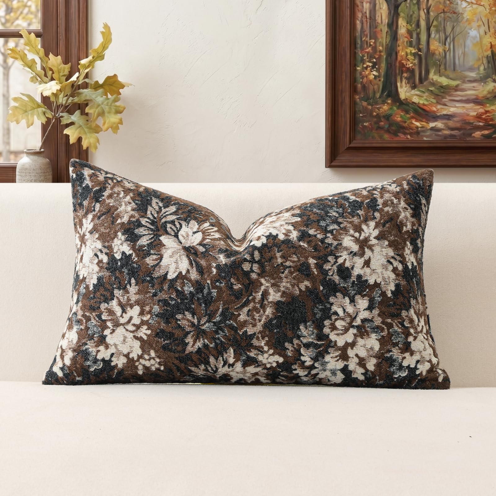 Artscope Set of 1 Neutral Floral Cushion Cover 40x60cm, Vintage Chenille Lumbar Throw Pillow Cover Soft Decorative Farmhouse Accent Couch Pillow Cover for Living Room Bedroom Coffee Brown