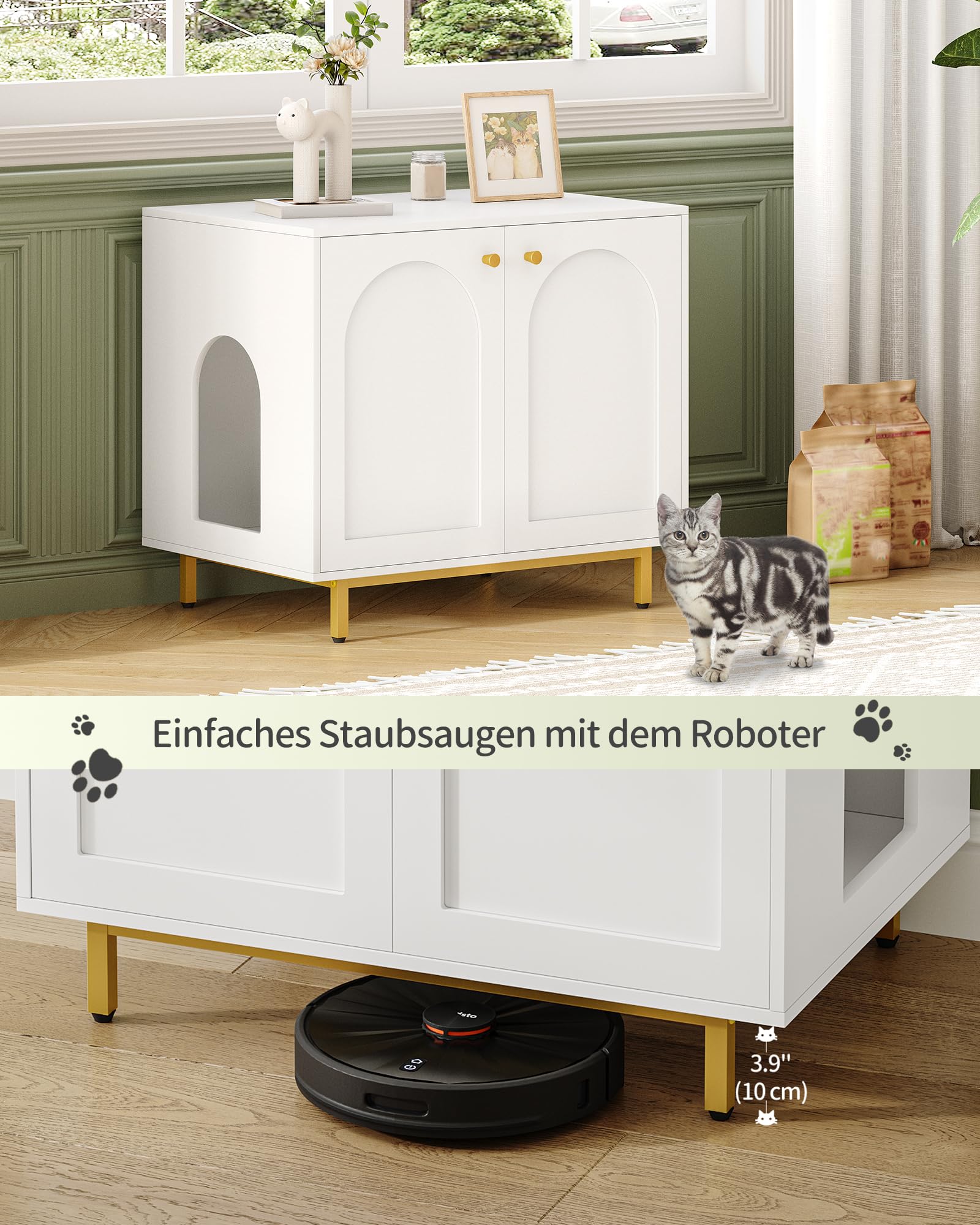 Hzuaneri Katzenschrank, Katzentoilette, Katzenklo Schrank, Katzenhaus mit Tür, Hölzerner Beistelltisch für das Haustierhaus, 80 x 50 x 70 cm, Stabile Katzenschrank, Weiß und Gold CB85003G