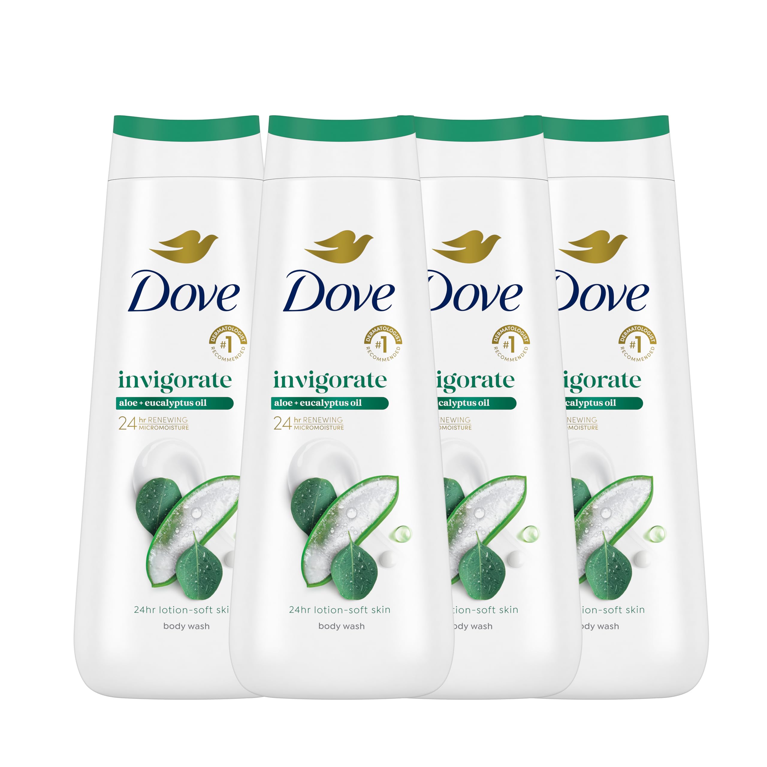 DoveBody Wash with Pump 4 Count Invigorate Aloe & Eucalyptus For 24hr Lotion-Soft Skin Moisturizing Skin Cleanser with No Sulfates No Parabens