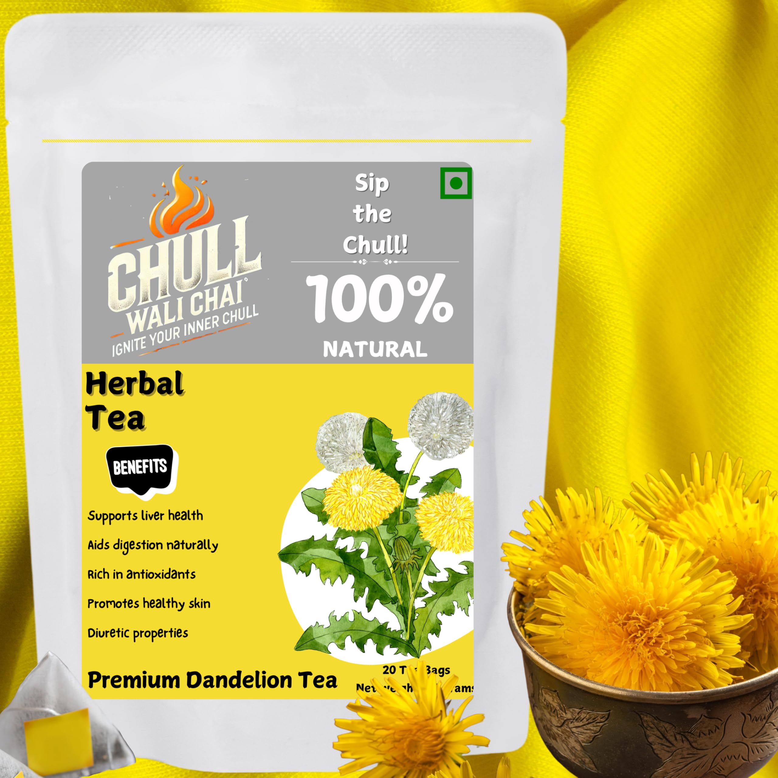 Chull Wali Chai Anti-Inflammatory Dandelion Tea with Cinnamon, Turmeric, Fennel, Ginger, Mint | 20 Teabags | Powerful Detox | Improves Digestion | Zero Caffeine