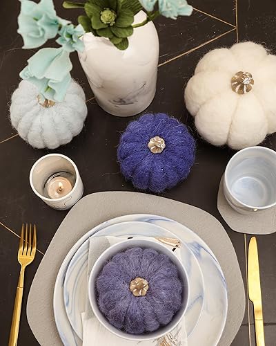 Miniatura 2 de DN DECONATION 3 calabazas decorativas de calabaza, calabazas de lana azul marino para decoración, calabaza de tela pequeña como centro de mesa para