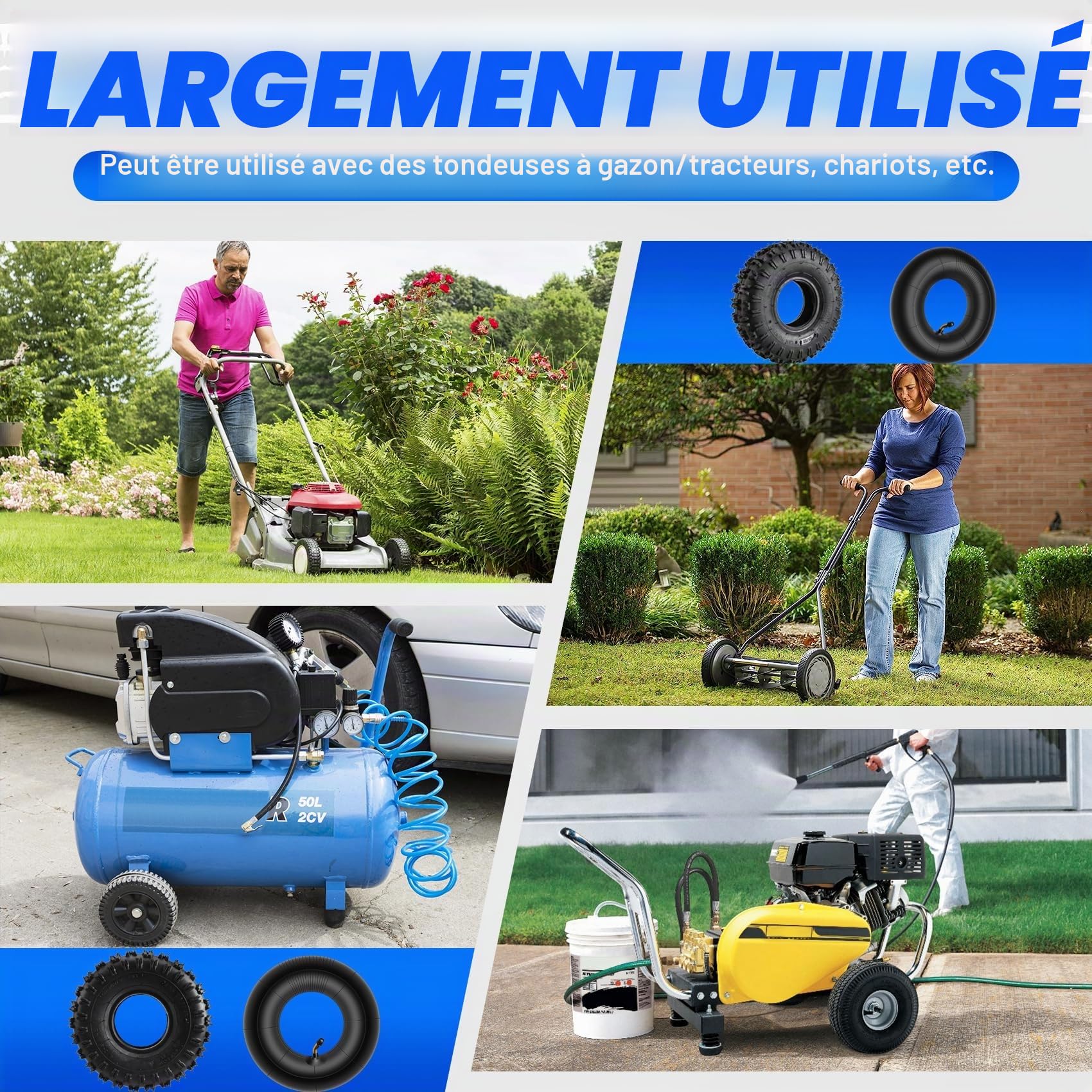 4.10-4+ Kit de pneus pour motoculteur, souffleuse à neige, tondeuse à gazon, diable, brouette, kart pour enfants et plus encore