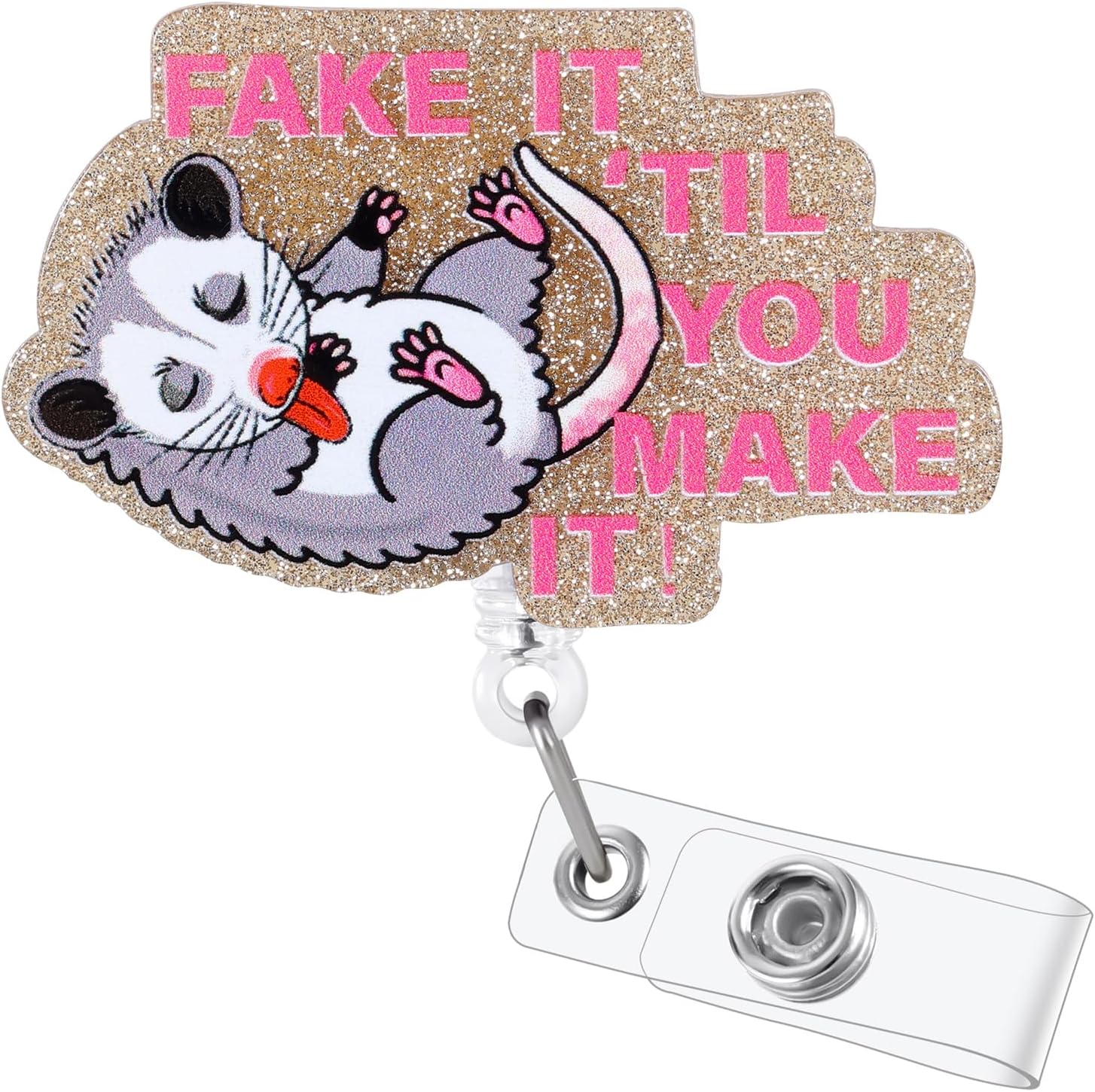 Funny Possum Nurse Badge Reel, Fake IT TIL You Make IT RN Badge Buddy, Cute ID Work Badge Holder with Retractable Alligator Clip for LPN CNA MA Nurse Doctor Nursing Student and Medical Workers