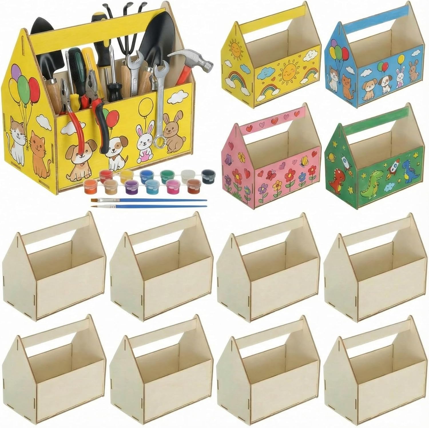 DoubleFill 12 Pack Wooden Tool Boxes Painting, DIY Tool Box Supplies Kit Includes Wood Toolbox Paint Brushes, Assemble Decorate Art Project for Father's Valentines Gift