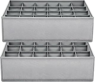 2 Pieces Wardrobe Organizer Drawers Organizer, Underwear Socks | 48 compartments (2 x 24), foldable fabric boxes in grey for socks and underwear, bras, ties, drawers and wardrobes
