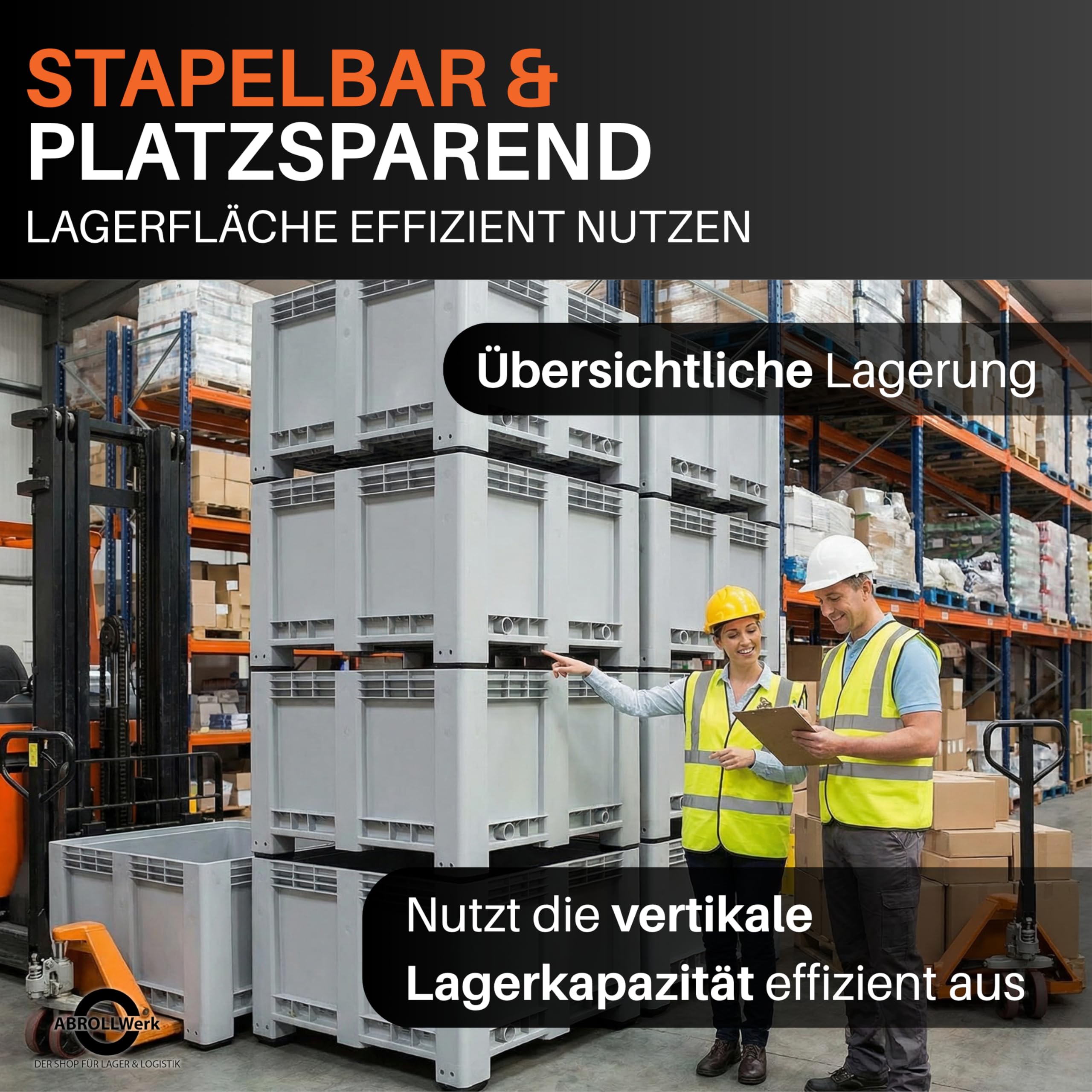 BP Bigbox Palettenbox 1200x1000x760 mm mit Deckel – 570 Liter Volumen geschlossen – Robuste Materialbox aus HDPE mit 4 Füßen – Kunststoffbox für Industrie & Lager