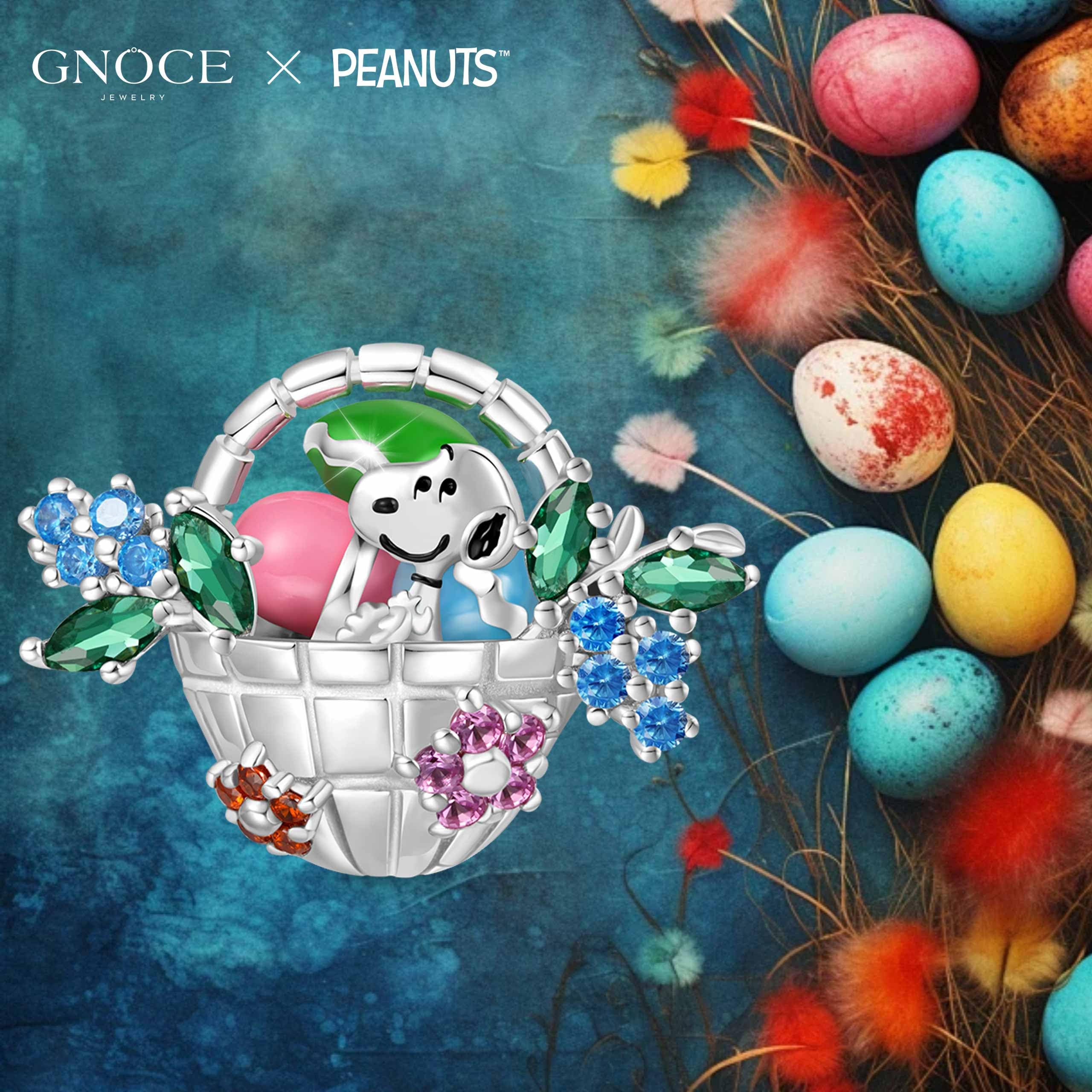 GNOCE Charm Perle Peanuts Snoopy Ostereier Korb Charm 925 Sterlingsilber Beads Charms für Frauen und Mädchen Schmuckgeschenk für Fans