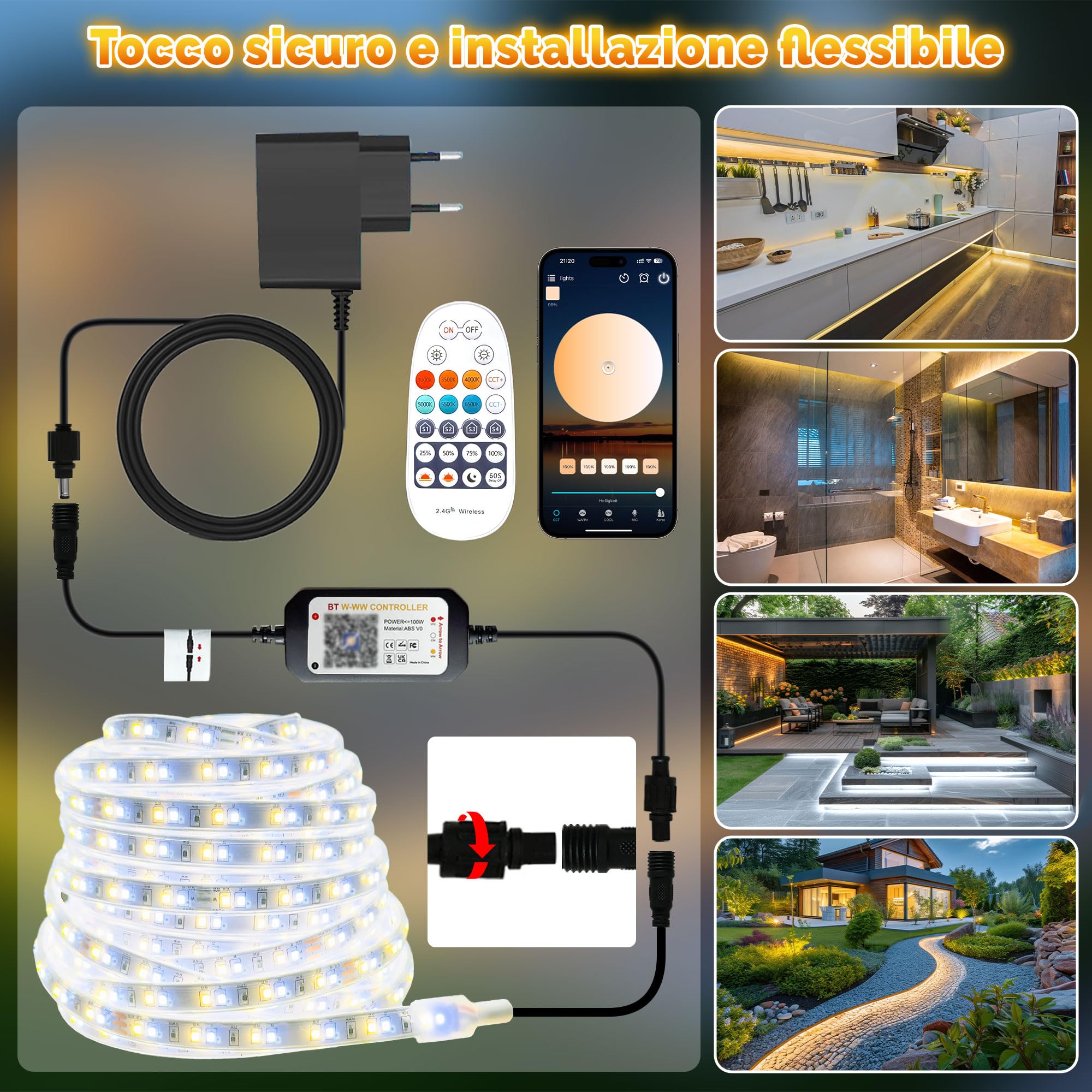 20M Striscia LED Esterno Impermeabile IP67, Luci Esterno LED Dimmerabile Bianca a Luce Calda, Strisce Adesive con Telecomando & APP, Striscia Impermeabile 24v per Cucina da Esterno, Gazebo