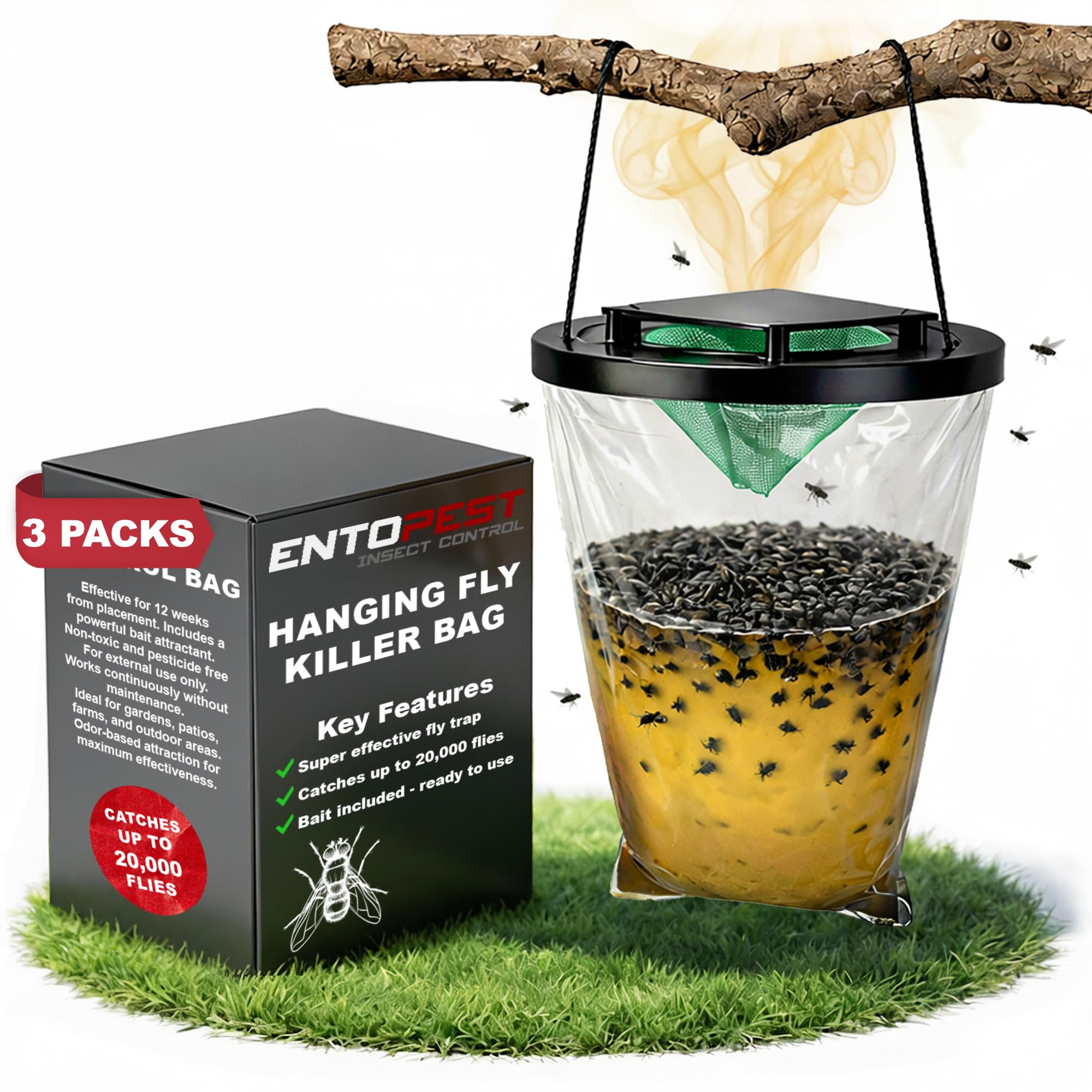 Entopest ProFly Hanging Fly Killer Bag, Outdoor Fly Catcher- Professional Quality High Strength Trap Catches 20,000 Flies - Super attract Non-Toxic Control Gardens, Farms & Paddocks (Pack of 3)