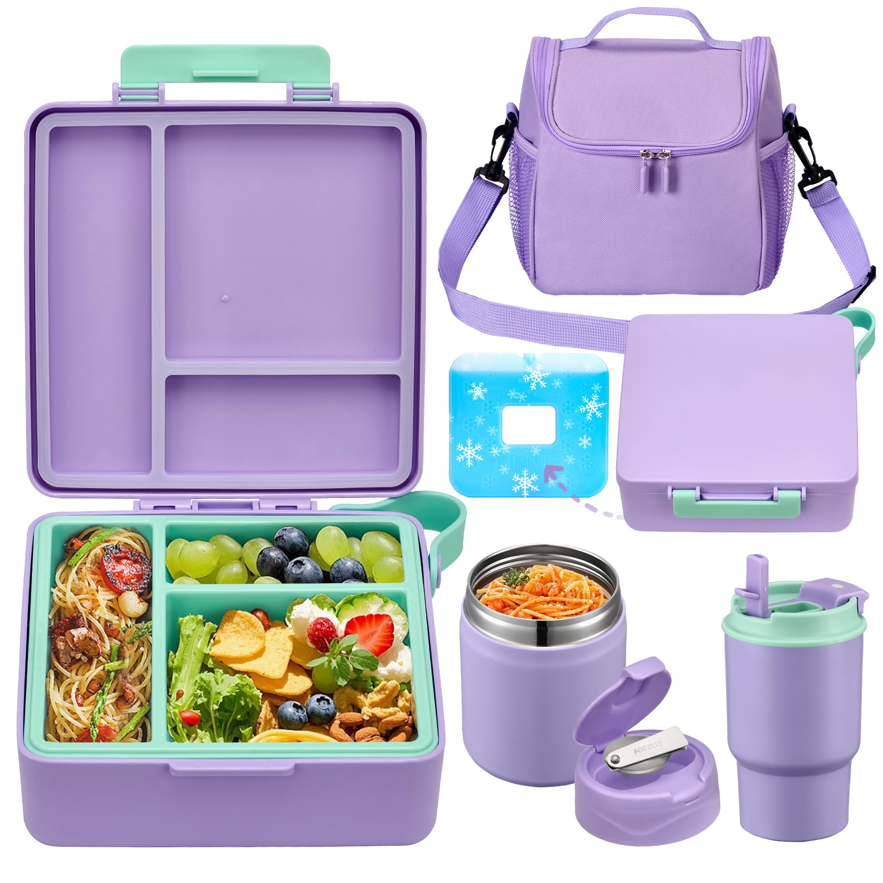 Bento Lunch Box for Kids with 17oz Soup Thermo,Insulated Tumbler Water Bottle and Insulated Lunch Bag,Leak-Proof 3 Compartment Lunch Food Container
